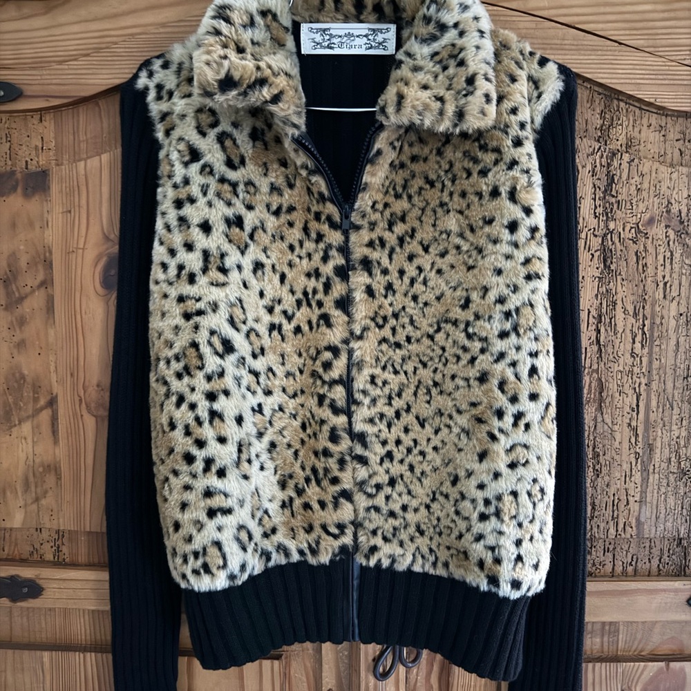 Tiara Leopard Print Faux Fur Sweater with Black Accents